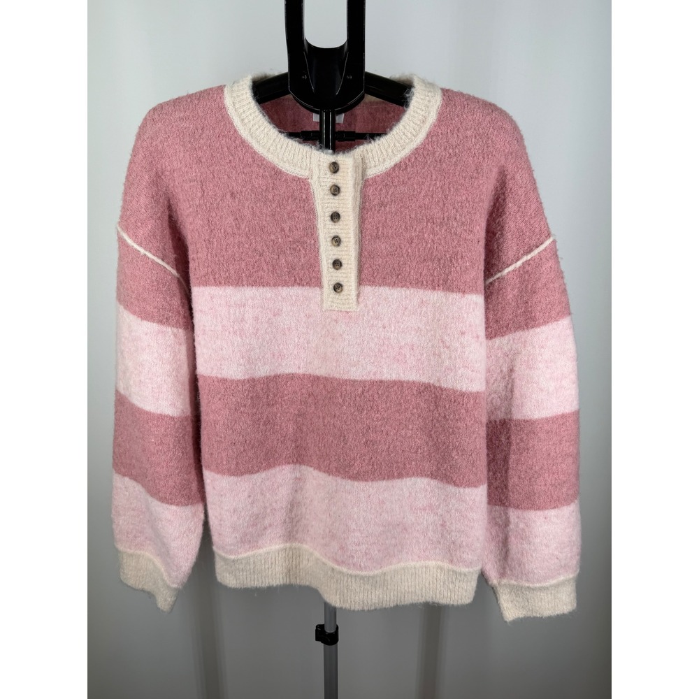 Le Lis Collection Pink Striped Henley Sweater Fuzzy‎ Knit Large